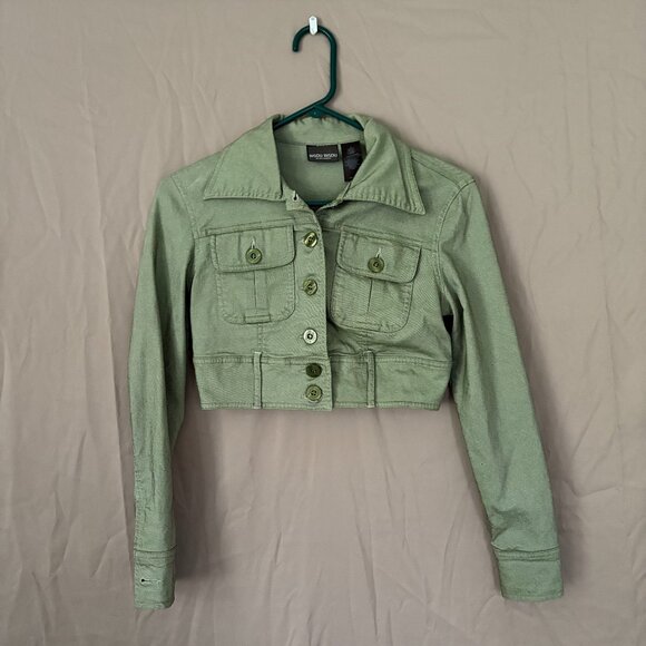Bisou Bisou Cropped Olive Jean Jacket Button Up Size Size 2 Biker Edgy - Picture 1 of 12